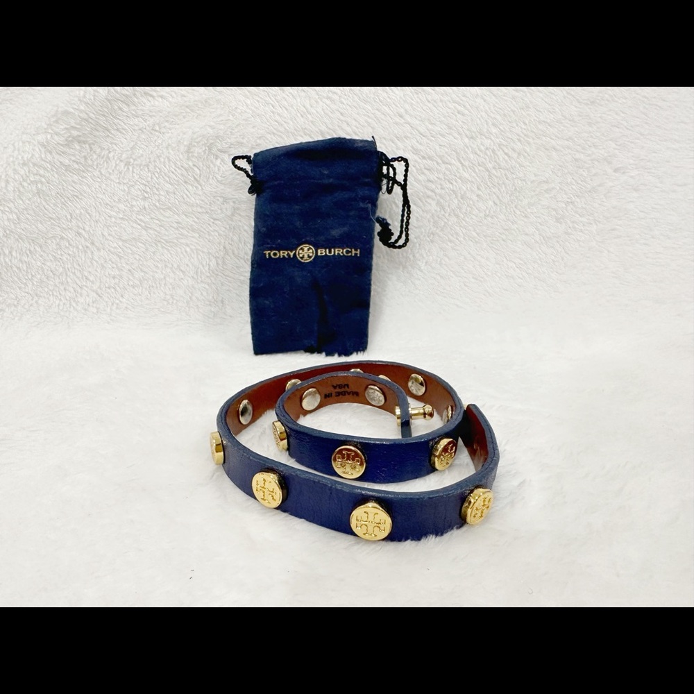 Tory Burch Miller Double Navy and Gold Leather Bracelet